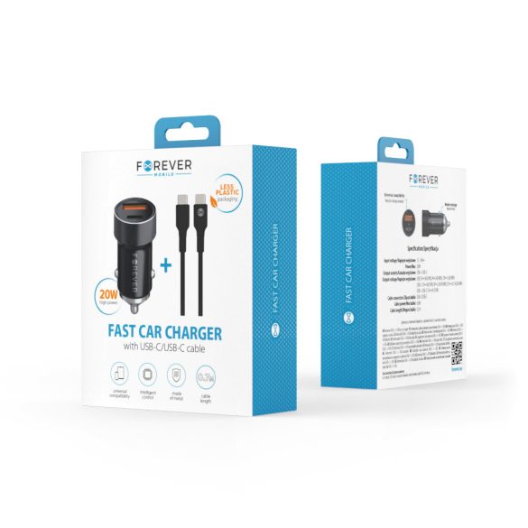 Forever CC-06 autós töltő 1xUSB-A és 1xUSB-C csatlakozással + USB-C - USB-C kábel 60W PD QC - fekete