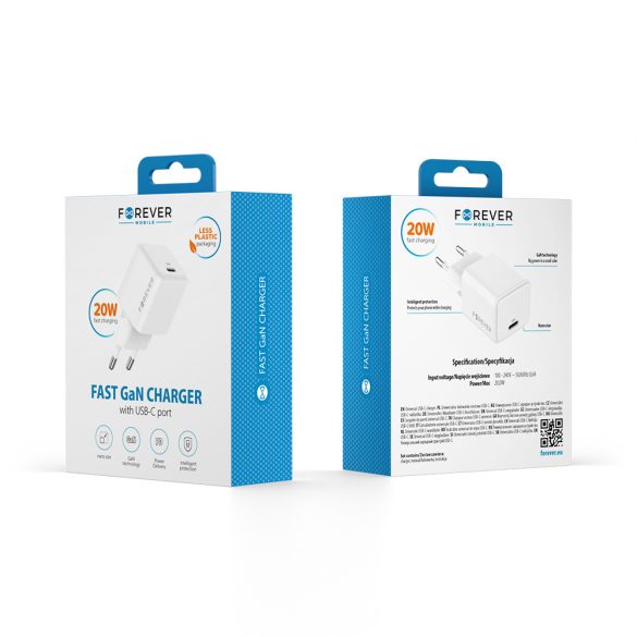 Forever TC-08-20C hálózati töltő 1xUSB-C csatlakozással GaN PD QC 20W - fehér