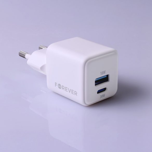 Forever TC-08-20AC hálózati töltő 1xUSB-A és 1xUSB-C csatlakozással GaN PD QC 20W - fehér