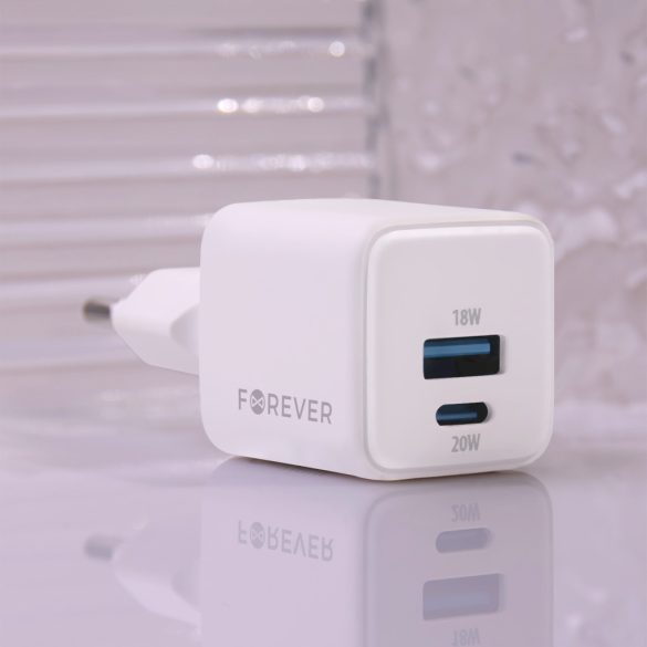 Forever TC-08-20AC hálózati töltő 1xUSB-A és 1xUSB-C csatlakozással GaN PD QC 20W - fehér