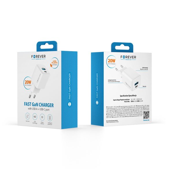 Forever TC-08-20AC hálózati töltő 1xUSB-A és 1xUSB-C csatlakozással GaN PD QC 20W - fehér