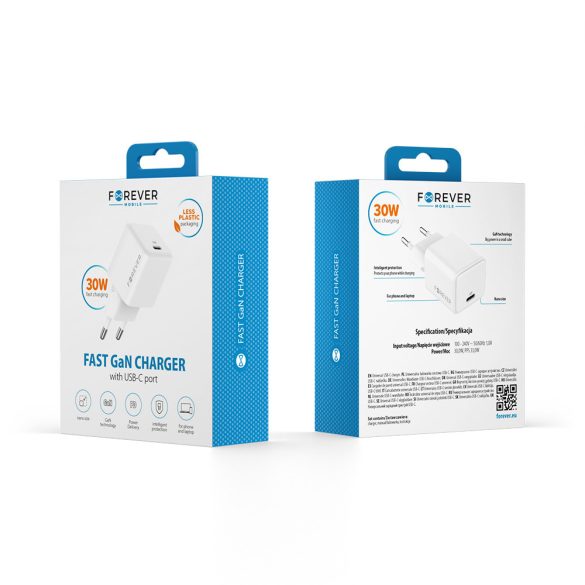 Forever TC-08-30C hálózati töltő 1xUSB-C csatlakozással GaN PD QC 30W - fehér