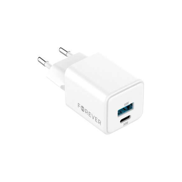 Forever TC-08-30AC hálózati töltő 1xUSB-A és 1xUSB-C csatlakozással GaN PD QC 30W - fehér