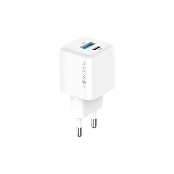 Forever TC-08-30AC hálózati töltő 1xUSB-A és 1xUSB-C csatlakozással GaN PD QC 30W - fehér