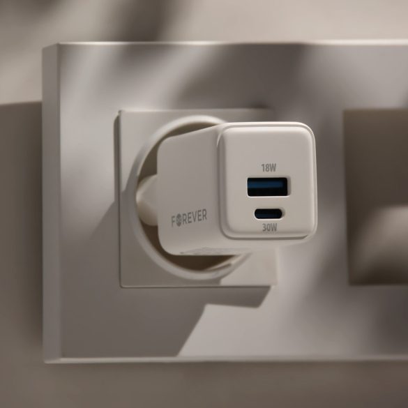 Forever TC-08-30AC hálózati töltő 1xUSB-A és 1xUSB-C csatlakozással GaN PD QC 30W - fehér