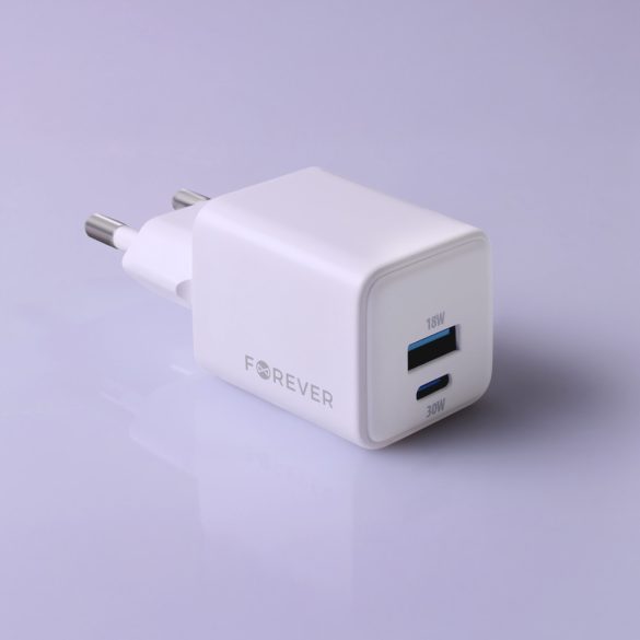 Forever TC-08-30AC hálózati töltő 1xUSB-A és 1xUSB-C csatlakozással GaN PD QC 30W - fehér
