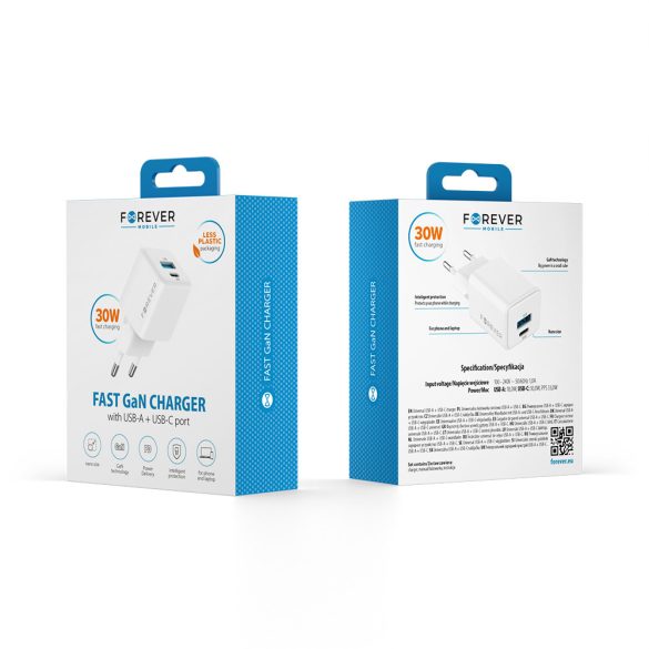 Forever TC-08-30AC hálózati töltő 1xUSB-A és 1xUSB-C csatlakozással GaN PD QC 30W - fehér