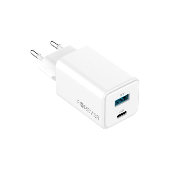 Forever TC-08-45AC hálózati töltő 1xUSB-A és 1xUSB-C csatlakozással GaN PD QC 45W - fehér