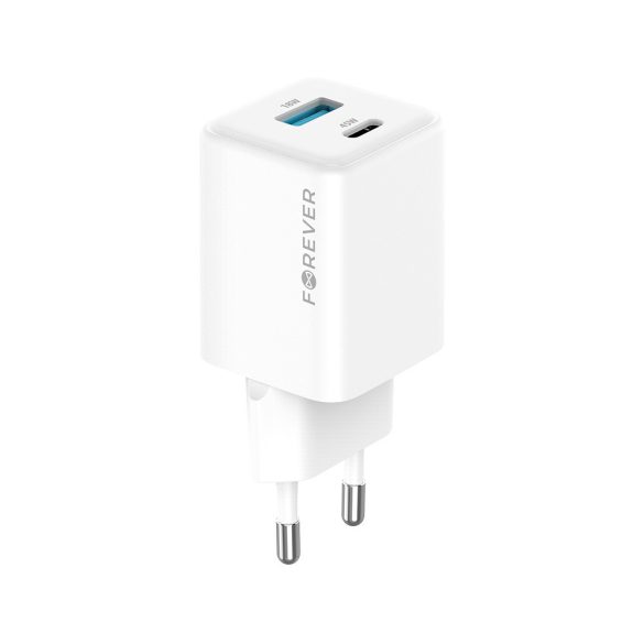 Forever TC-08-45AC hálózati töltő 1xUSB-A és 1xUSB-C csatlakozással GaN PD QC 45W - fehér