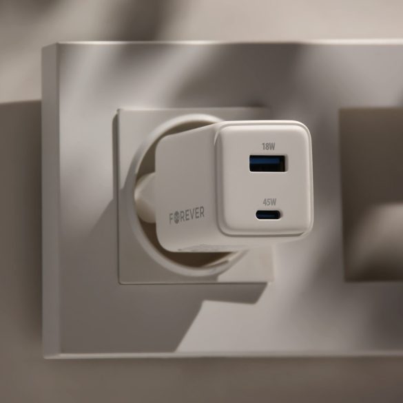 Forever TC-08-45AC hálózati töltő 1xUSB-A és 1xUSB-C csatlakozással GaN PD QC 45W - fehér