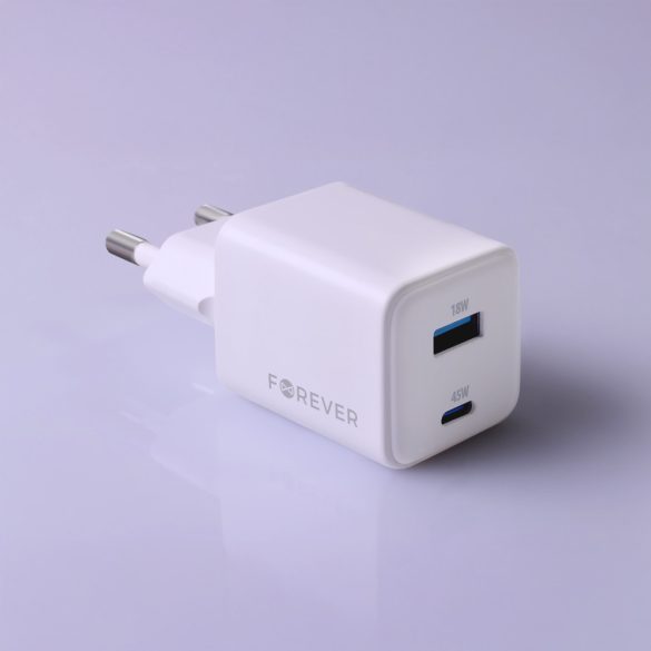 Forever TC-08-45AC hálózati töltő 1xUSB-A és 1xUSB-C csatlakozással GaN PD QC 45W - fehér