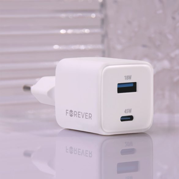 Forever TC-08-45AC hálózati töltő 1xUSB-A és 1xUSB-C csatlakozással GaN PD QC 45W - fehér