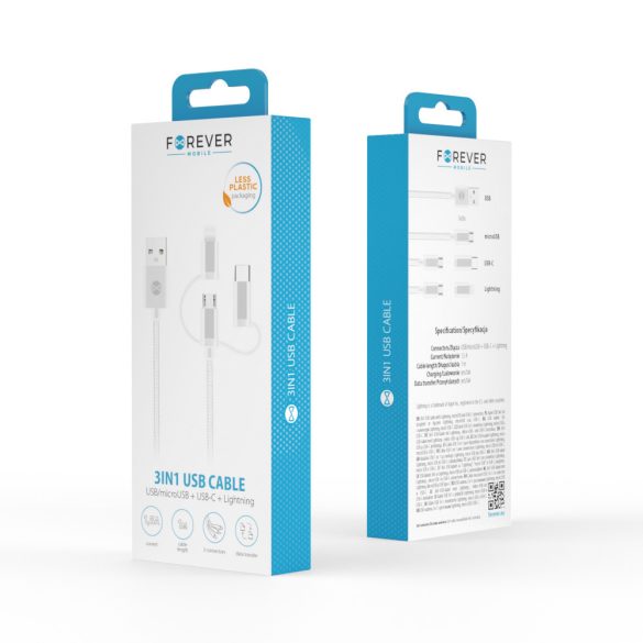 Forever USB-A - Type-C/Lightning/micro USB kábel 1.5A 1m - fehér