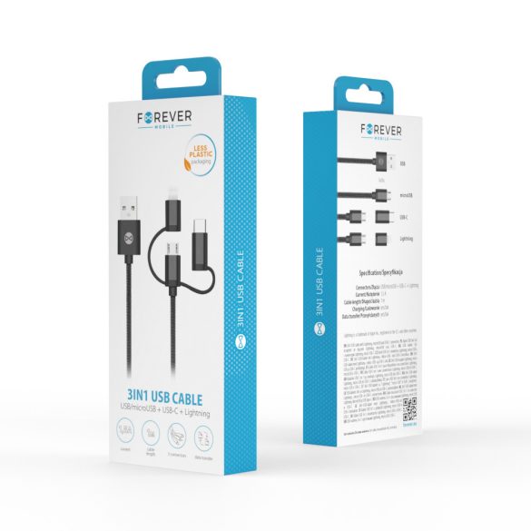 Forever USB-A - Type-C/Lightning/micro USB kábel 1.5A 1m - fekete