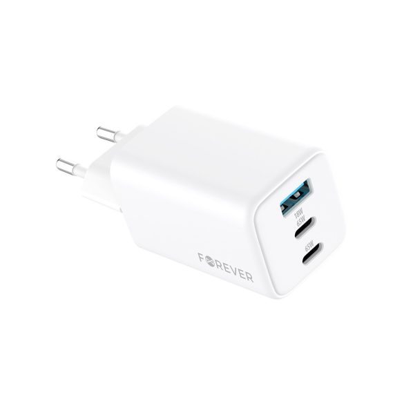 Forever TC-08-65ACC hálózati töltő 1xUSB-A és 2xUSB-C csatlakozással GaN PD QC 65W - fehér