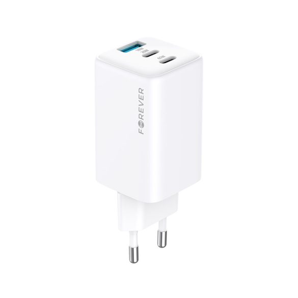 Forever TC-08-65ACC hálózati töltő 1xUSB-A és 2xUSB-C csatlakozással GaN PD QC 65W - fehér