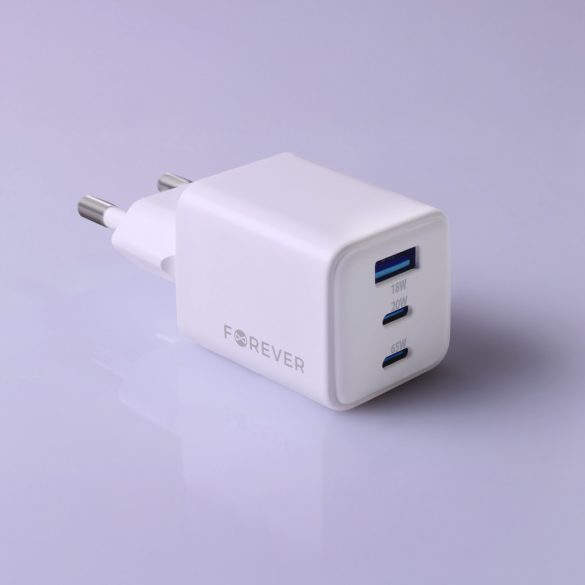 Forever TC-08-65ACC hálózati töltő 1xUSB-A és 2xUSB-C csatlakozással GaN PD QC 65W - fehér