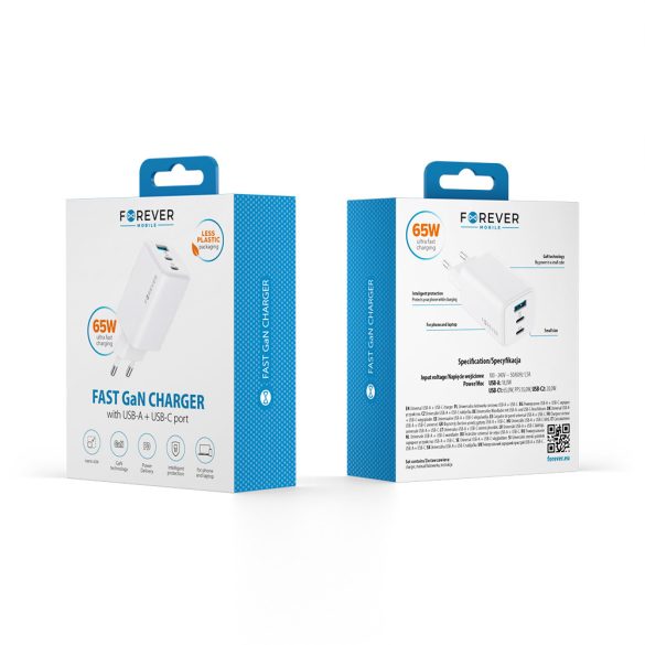Forever TC-08-65ACC hálózati töltő 1xUSB-A és 2xUSB-C csatlakozással GaN PD QC 65W - fehér