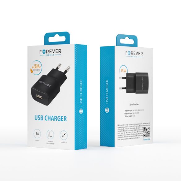 Forever TC-01 hálózati töltő 1xUSB-A csatlakozással 3A - fekete