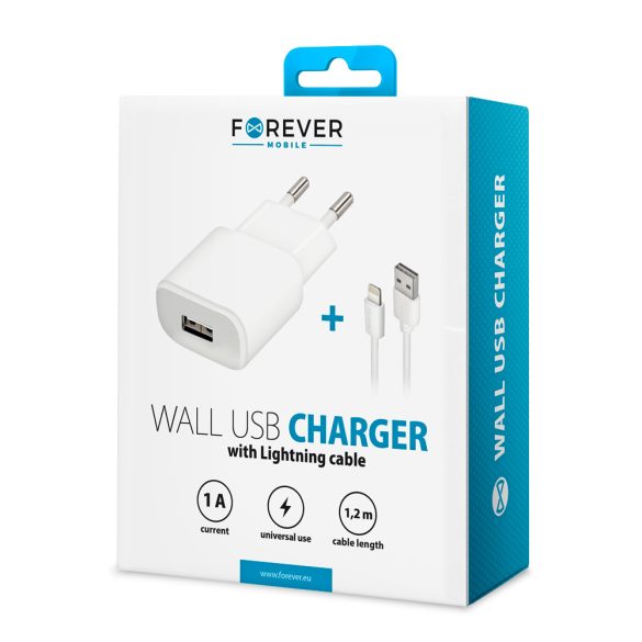 Forever TC-01 hálózati töltő 1xUSB-A csatlakozással + Lightning kábel 1A - fehér