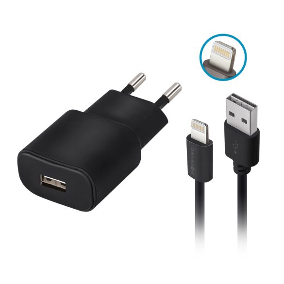 Forever TC-01 hálózati töltő 1xUSB-A csatlakozással 2A + Lightning kábel - fekete