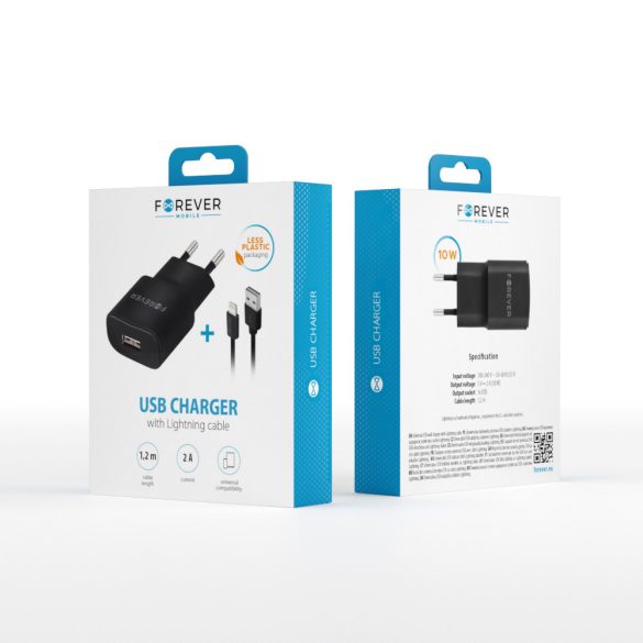 Forever TC-01 hálózati töltő 1xUSB-A csatlakozással 2A + Lightning kábel - fekete