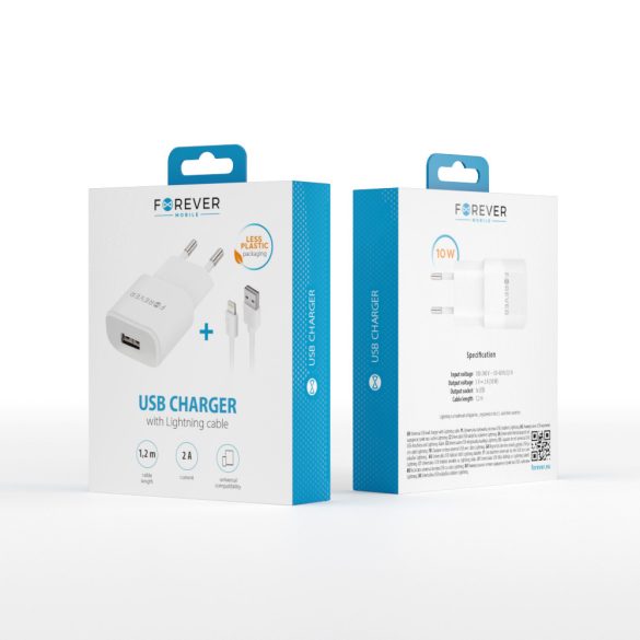 Forever TC-01 hálózati töltő 1xUSB-A csatlakozással 2A + Lightning kábel - fehér
