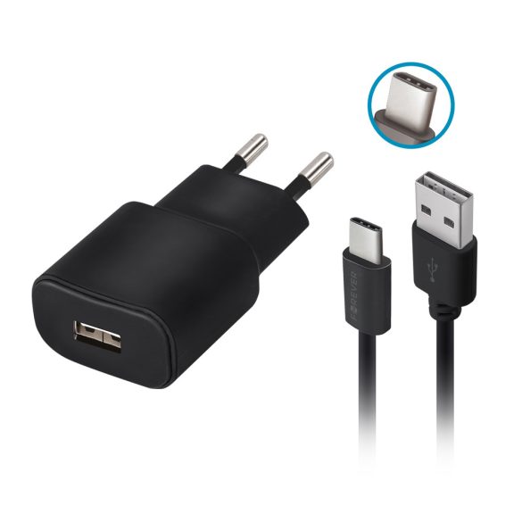Forever TC-01 hálózati töltő 1xUSB-A csatlakozással 2A + Type-C kábel - fekete