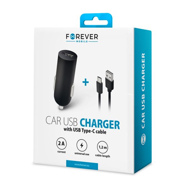 Forever M02 autós töltő 2xUSB-A csatlakozással + USB-C kábel 2A - fekete