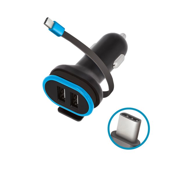 Forever CC-02 autós töltő 2x USB-A + USB-C kábellel 0,2m 3A - fekete
