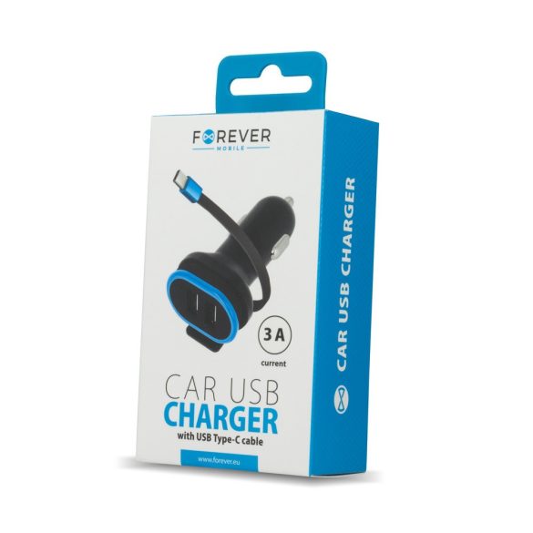Forever CC-02 autós töltő 2x USB-A + USB-C kábellel 0,2m 3A - fekete