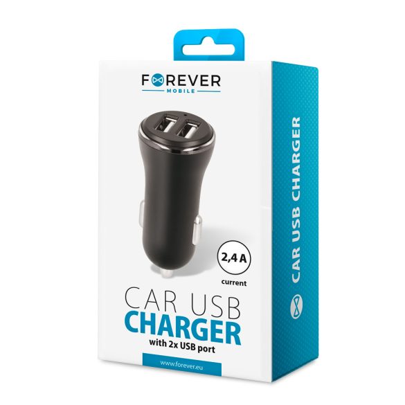 Forever CC-03 autós töltő 2xUSB-A csatlakozással 2,4A - fekete