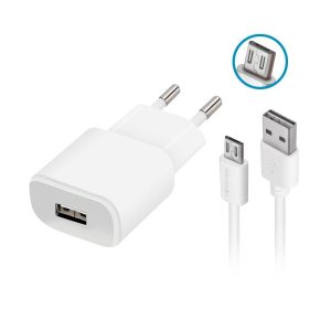 Forever TC-01 hálózati töltő 1xUSB-A csatlakozással 2A + microUSB kábel - fehér