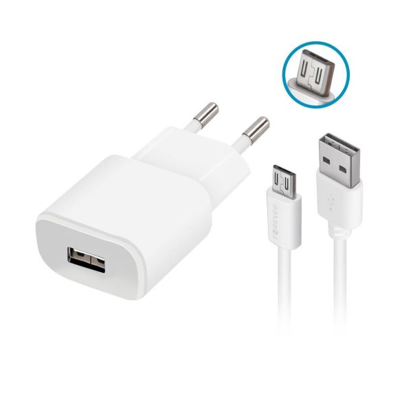 Forever TC-01 hálózati töltő 1xUSB-A csatlakozással 2A + microUSB kábel - fehér