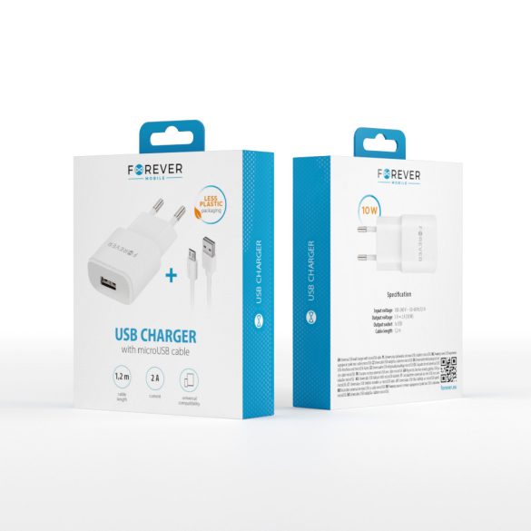 Forever TC-01 hálózati töltő 1xUSB-A csatlakozással 2A + microUSB kábel - fehér