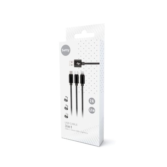 Setty KN3W1-01 USB-A - Type-C/Lightning/micro USB kábel 2A 1m - fekete