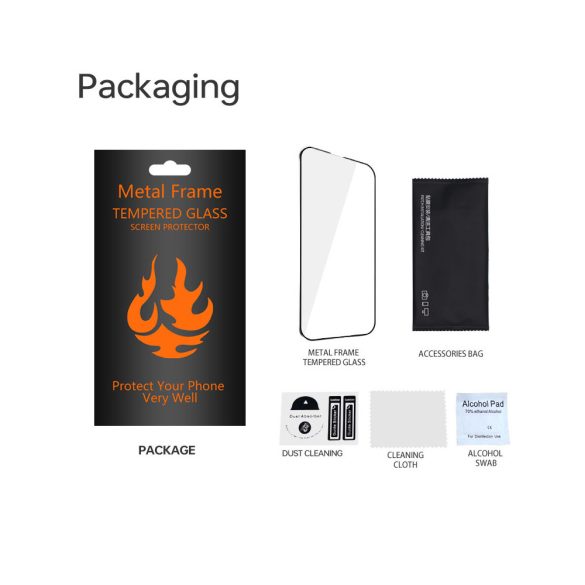 Fémszegélyes edzett üveg fekete szegéllyel iPhone 13 Pro Max/14 Plus