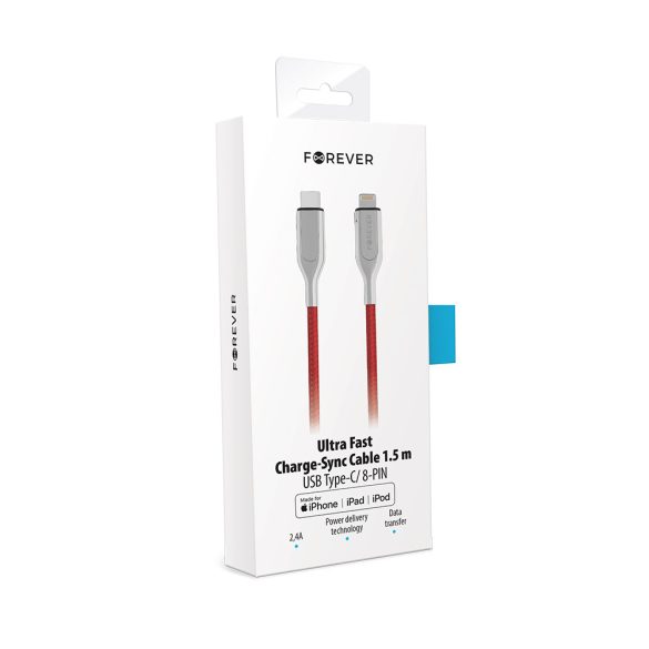 Forever Core Ultra Fast MFi Type-C - Lightning kábel 2.4A PD 1.5m - piros