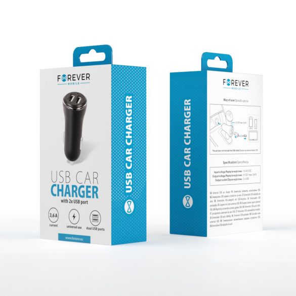 Forever CC-03 autós töltő 2xUSB-A csatlakozással 3,6A - fekete