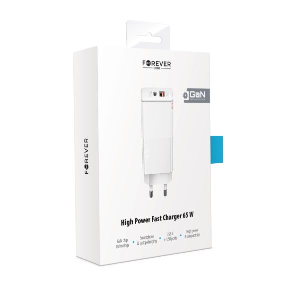 Forever Core hálózati töltő 1xUSB-A és 1xUSB-C csatlakozással PD QC3.0 GaN 65W - fehér