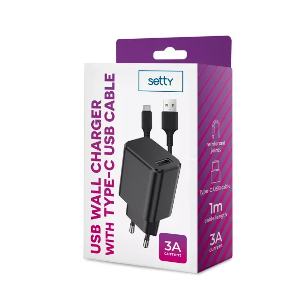 Setty hálózati töltő 1xUSB-A csatlakozással + Type-C kábel 3A - fekete
