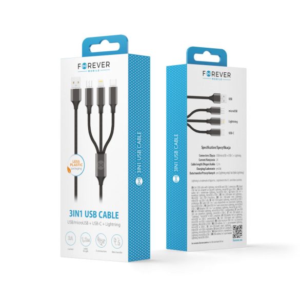 Forever USB-A - Type-C/Lightning/micro USB kábel 2A 1.2m - fekete
