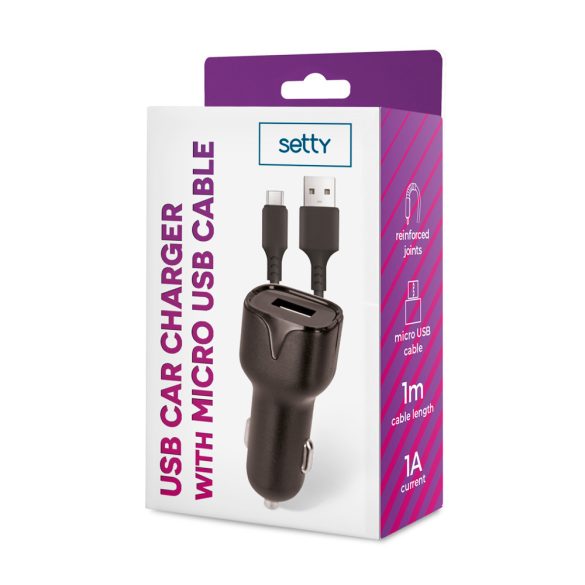 Setty autós töltő 1x USB-A + microUSB kábel 1m 1A - fekete