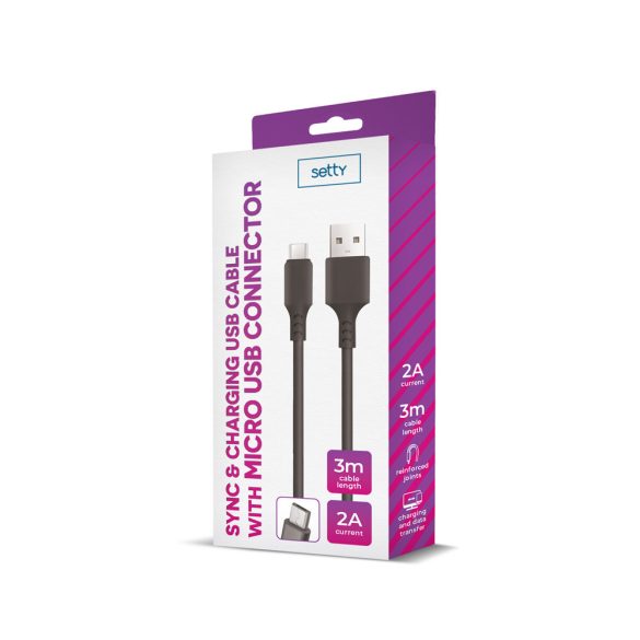 Setty USB-A - microUSB kábel 3 m 2A - fekete