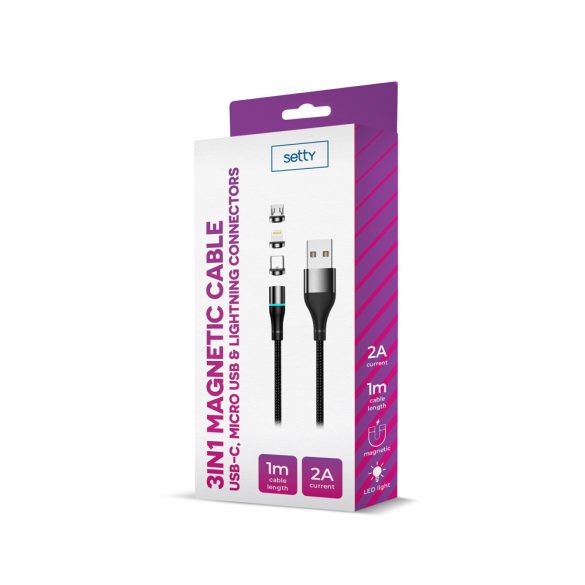 Setty USB-A - Type-C/Lightning/micro USB kábel 2A 1m - fekete