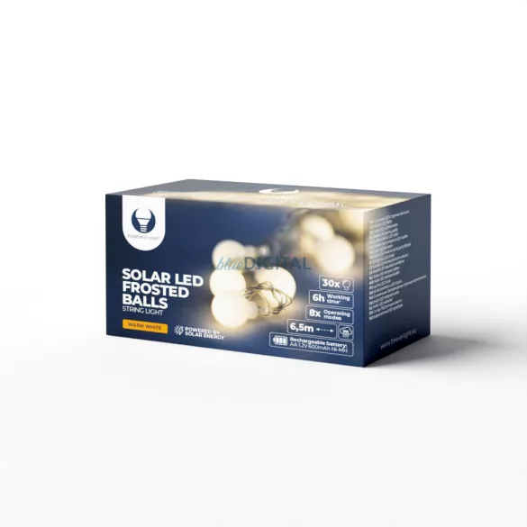 Fényfüzér Napenergiás LED MLECZNE GOLYÓ SFB61 6,5m 30 golyó fehér meleg Forever Light