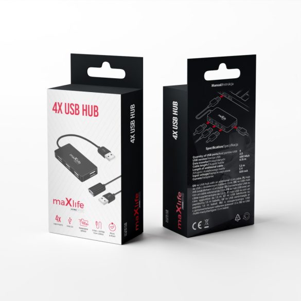 Maxlife Home Office USB hub USB - 4xUSB-A 15cm + USB-A (apa) - USB-A (anya) kábel 1,5m - fekete