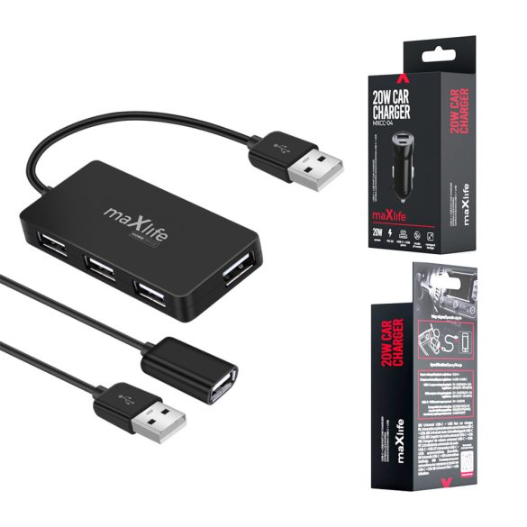 Maxlife Home Office USB hub USB - 4xUSB-A 15cm + USB-A (apa) - USB-A (anya) kábel 1,5m - fekete
