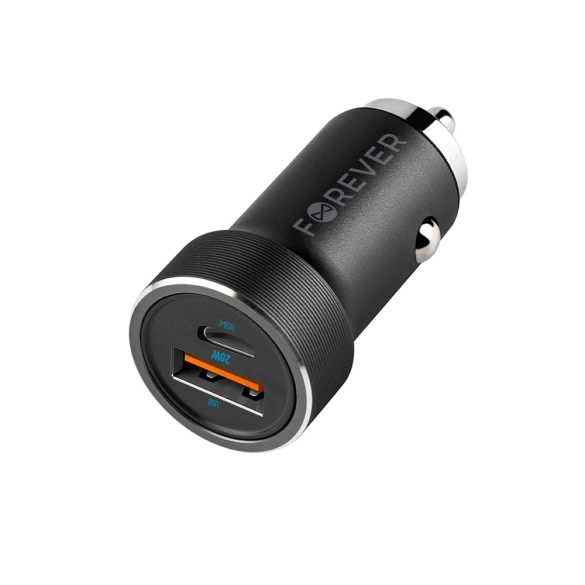 Forever CC-06 autós töltő 1xUSB-A és 1xUSB-C csatlakozással 20W PD QC - fekete