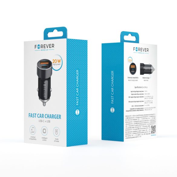 Forever CC-06 autós töltő 1xUSB-A és 1xUSB-C csatlakozással 20W PD QC - fekete